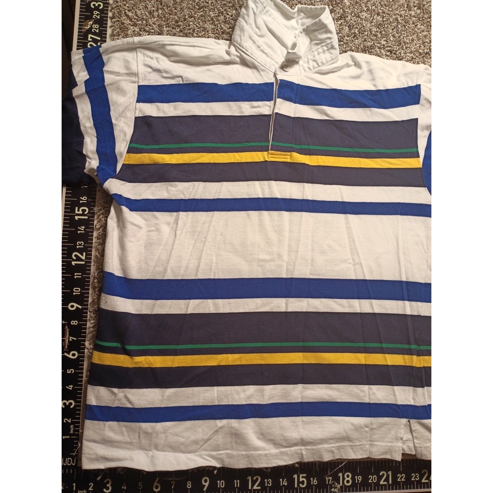 Vintage Penguin Sport Striped Rugby Shirt Mens XL Long Sleeve Cotton White Blue